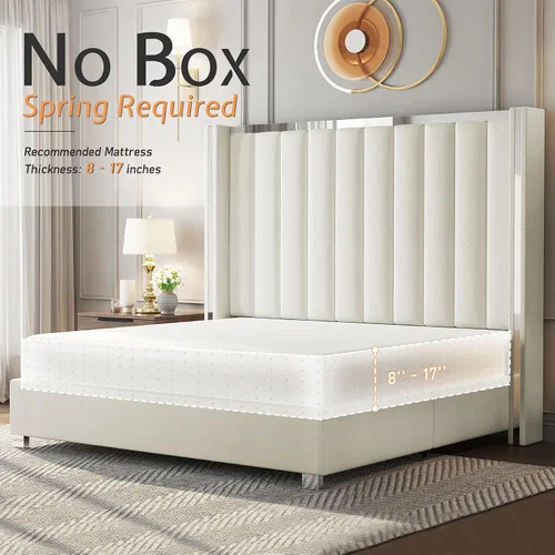 Miniatura 7 de Jocisland Base de cama tamaño Queen con cabecero de 58 pulgadas de alto, cama tapizada de terciopelo con plataforma con cabecera con alas capitoné