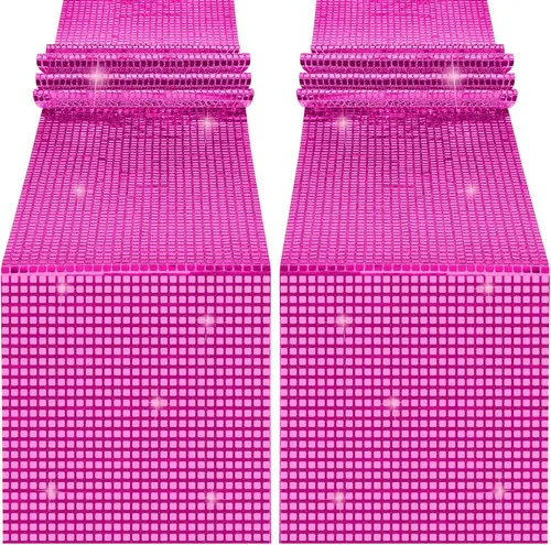 Durony Paquete de 2 caminos de mesa disco de 11 x 108 pulgadas, espejo rosa intenso con laminado de purpurina y lentejuelas brillantes para