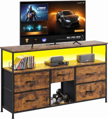 EnHomee Soporte de TV para televisor de 50 pulgadas, centro de entretenimiento con luces LED y tomas de corriente, cómoda de 5 cajones para