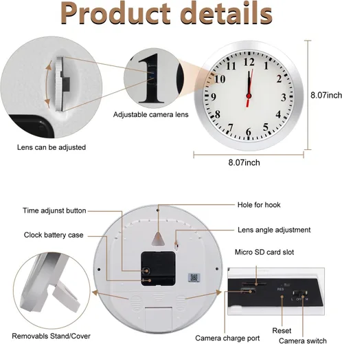Miniatura 7 de 1080P HD Mini Cámara Reloj de Pared Cámaras con Detección de Movimiento Seguridad Interior Cámara Oculta Mascota Cámara para Hogar/Oficina, Sin Wi-Fi