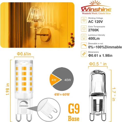 Miniatura 2 de Winshine - Paquete de 10 bombillas LED regulables de 2700 K blanco suave, 4 W (reemplazo de bombilla halógena de 40 W) con casquillo G9, forma T4