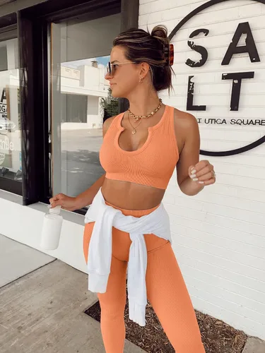 Miniatura 6 de QINSEN Conjuntos de entrenamiento para mujer 2 piezas acanalados sin costuras sin mangas cintura alta leggings de yoga
