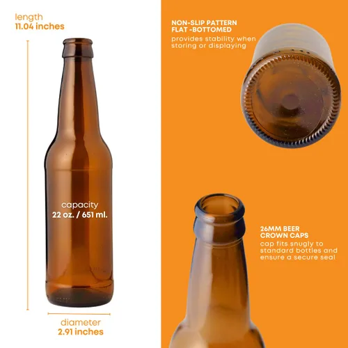 Miniatura 2 de Botellas de cerveza FastRack de vidrio ámbar cuello largo para elaboración casera 22 oz - Botellas de cerveza rellenables con tapa corona de grado