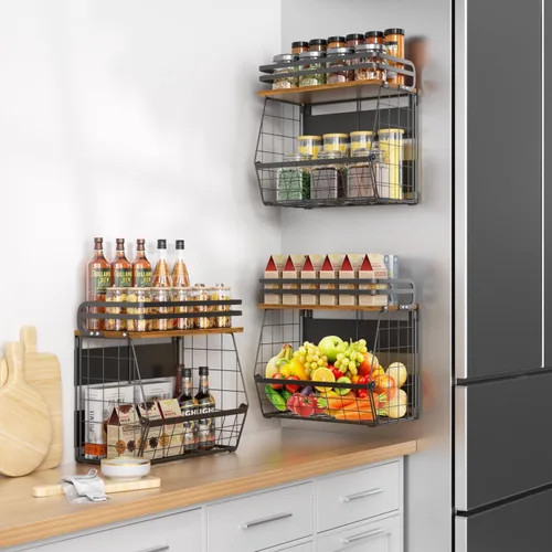 Miniatura 2 de Estante magnético para refrigerador con tapa de madera, organizador de cesta de alambre de gran capacidad para especias, frutas, cebollas y papas