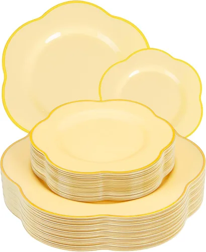 Miniatura 25 de Liacere 100 platos de plástico dorados, platos desechables de purpurina dorada para aperitivos, platos de ensalada/postre de plástico de alta