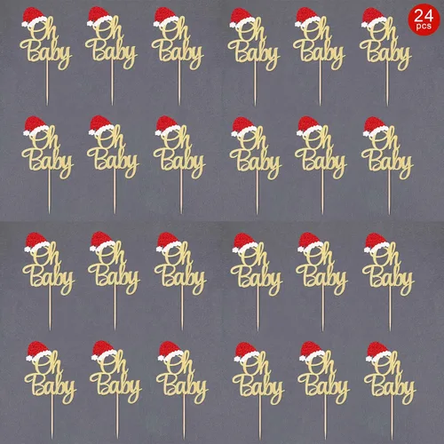 Miniatura 3 de Gexolenu 24 piezas de adornos de Navidad para cupcakes Oh Baby, con purpurina de doble cara, para sombrero de Papá Noel rojo para Navidad, baby