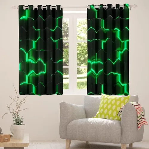 Miniatura 2 de Feelyou - Cortinas de ventana en forma de panal, tema geométrico hexagonal con luces de neón verdes, para chicos adolescentes y hombres, elegante
