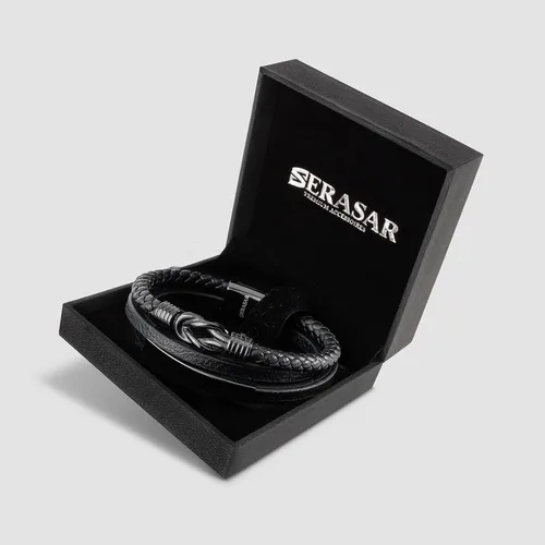 Miniatura 2 de SERASAR Pulsera de alta calidad orgullosa para hombres en cuero negro auténtico, cierre magnético de acero inoxidable en negro, plata y oro, caja