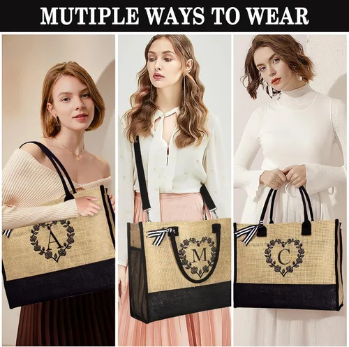 Miniatura 2 de Initial Jute Tote Bag for Women Beach Bag Tote with Zipper Adjustable Strap Bridesmaid Gifts Birthday Gifts for Women