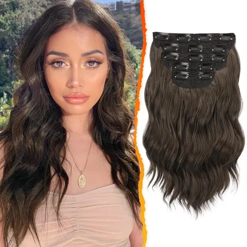 Miniatura 20 de BARSDAR Extensiones de cabello ondulado con clip, color marrón chocolate oscuro, extensiones de cabello con clip de 20 pulgadas para mujer, 5 piezas