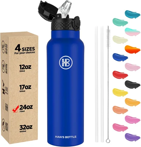 Miniatura 32 de Han's Bottle - Botella de agua para niños con tapa con pajilla - Vaso reutilizable de acero inoxidable aislado para niñas, niños, taza termo, 17