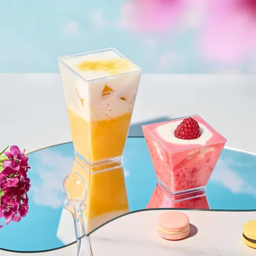 Miniatura 3 de JOLLY CHEF Paquete de 100 mini tazas cuadradas de postre de 2 onzas con cucharas, taza de plástico transparente para aperitivos de parfait, cuenco