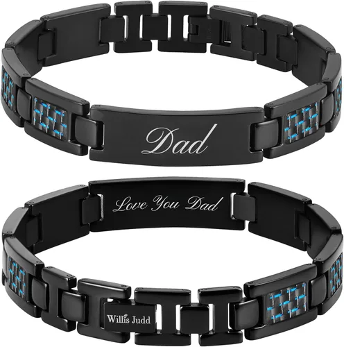 DAD pulsera de titanio con mensaje grabado "Love You Dad" de fibra de carbono, herramienta para ajustar y caja de regalo incluidos, titanio, Azul,