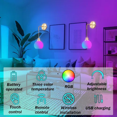 Miniatura 2 de Juego de dos apliques de pared a pilas con control remoto, aplique de pared recargable sin cableado hasta 50 horas de vida útil, aplique de pared