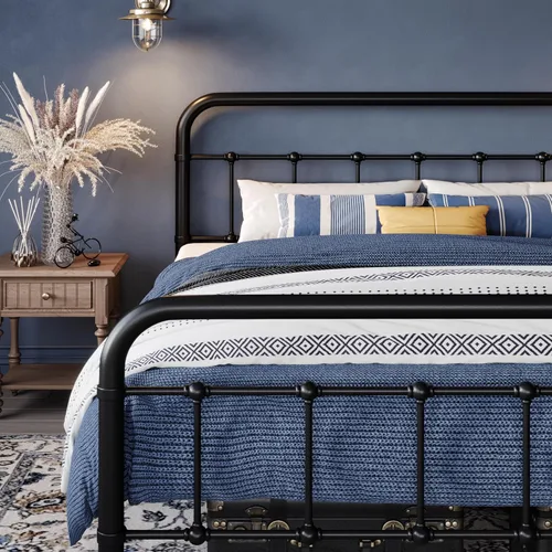 WEEWAY Base de cama de metal de tamaño matrimonial con cabecera curvada de hierro forjado, plataforma estilo victoriano vintage, no requiere somier,
