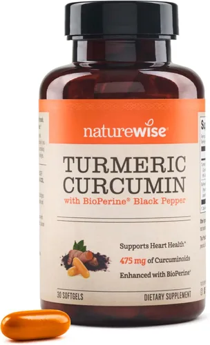 NatureWise Cúrcuma Curcumina 500mg con Cápsulas Blandas de Pimienta Negra - Fuerza Extra, Absorción Mejorada - 95% Curcuminoides y BioPerine para