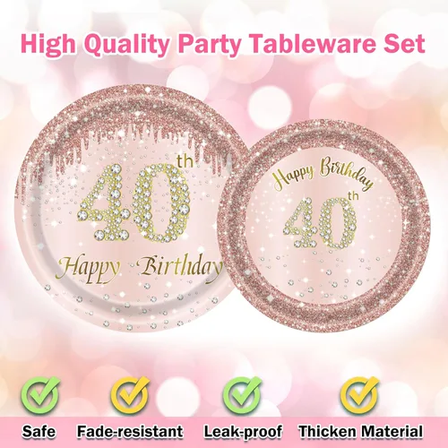 Miniatura 3 de Decoraciones de cumpleaños número 40 para mujer, juego de 96 platos y servilletas de cumpleaños de 40 años, platos de oro rosa, platos de papel