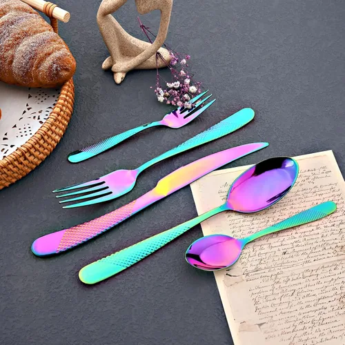 Miniatura 5 de JASHII Rainbow - Juego de cubiertos martillados, 20 piezas de utensilios de cocina de acero inoxidable de alta calidad, para 4, incluye tenedor