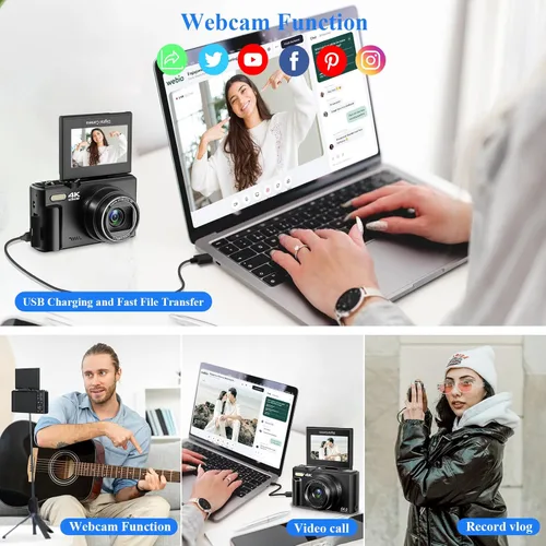 Miniatura 5 de Cámara digital 4K para fotografía, cámara de vlogging de 64 MP para YouTube, cámaras de vlog WiFi con zoom digital de 18X, pantalla abatible de 3