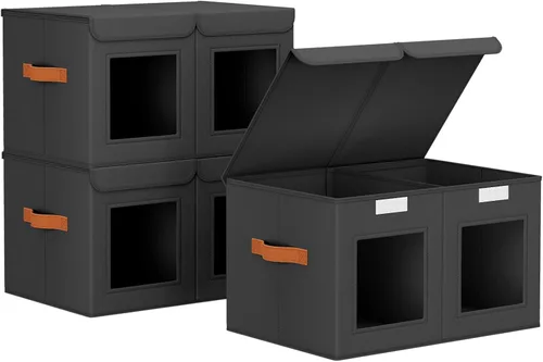 Miniatura 11 de Homsorout Contenedores grandes de almacenamiento para armario, organizador de ropa plegable dividido con tapas y doble ventana, contenedores Beige