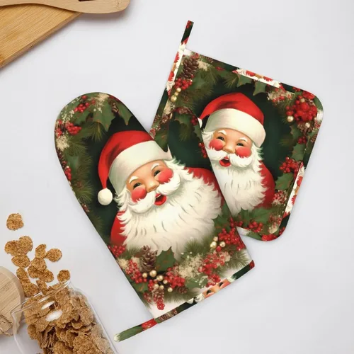 Miniatura 8 de Juego de manoplas de horno y soportes para ollas de Navidad con corona de Papá Noel, resistentes al calor, de silicona, para cocinar, guantes