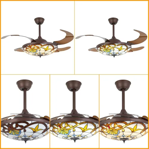 Miniatura 4 de LOYALHEARTDY Tiffany - Ventiladores de techo con luces y control remoto retráctil Tiffany de 42 pulgadas, 6 velocidades, 3 luces LED y función