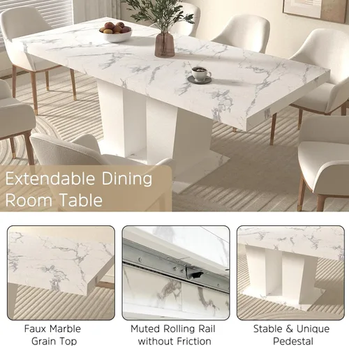 Miniatura 3 de Henf Juego de mesa de comedor extensible de 7 piezas para 6, 160 cm-200 cm Mesa de cocina extensible de grano de mármol blanco con 6 sillas Blanco
