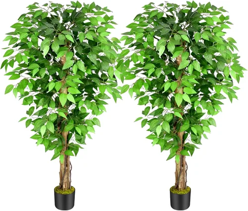 Miniatura 14 de Árboles artificiales de ficus de 3 pies con troncos naturales curvados, árbol exuberante de 36" de altura, árbol falso de ficus realista en verde