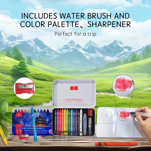 Miniatura 7 de iCrayon 12 colores pasteles solubles en agua, juego de pasteles de acuarela para principiantes y aficionados, incluye sacapuntas, paleta y pincel