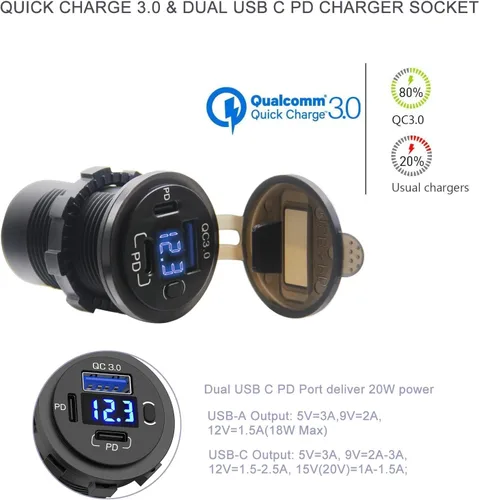 Miniatura 3 de Toma de corriente USB de 12 V, enchufe de cargador de coche USB C dual y puerto de carga rápida 3.0 con voltímetro e interruptor de alimentación