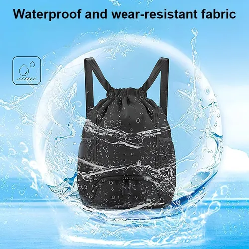 Miniatura 8 de Mochila deportiva con cordón, bolsa de gimnasio impermeable para mujeres y hombres, paquete de baloncesto con compartimento para zapatos, Negro