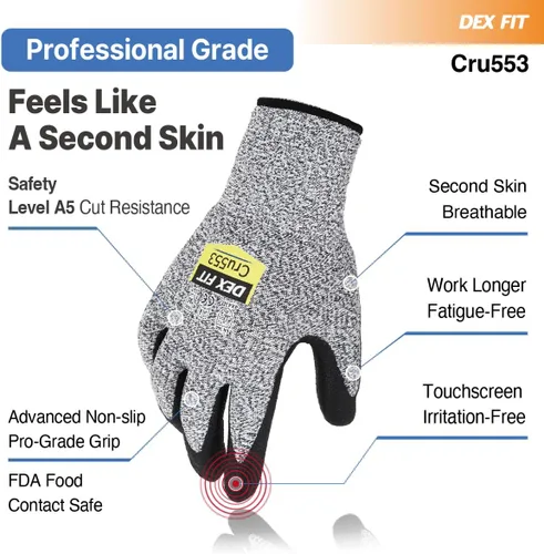 Miniatura 4 de DEX FIT Guantes resistentes a cortes nivel 5 Cru553, ajuste elástico cómodo 3D, agarre potente, grado profesional, delgados, compatibles