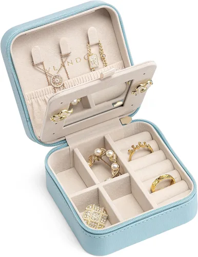 Vlando Pequeño organizador de joyas de viaje, vitrina para niñas, mujeres, regalo anillos, aretes, collares, almacenamiento con espejo azul
