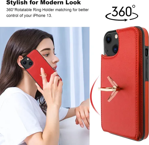Miniatura 3 de Folosu Funda compatible con iPhone 13 con soporte para tarjetas, rotación de 360°, soporte de anillo de dedo con función atril, protección con Rojo