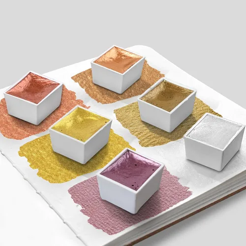 Miniatura 6 de Mini Juego de Caja de Lata de Viaje de Pintura de Acuarela de Artista Portátil Hecha a Mano con 6 Medias Bandejas Sólidas con Purpurina Nacarada