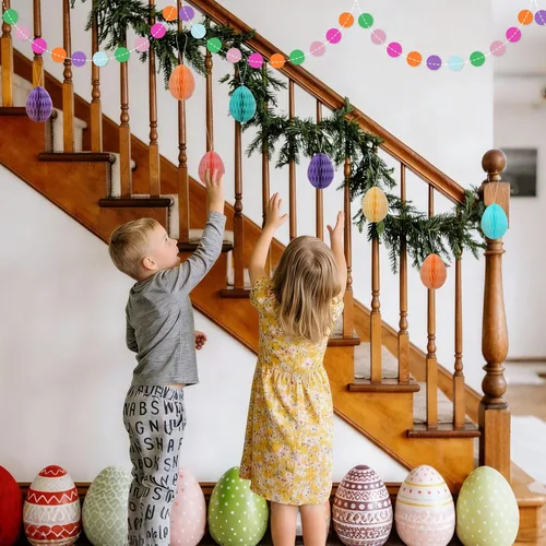 Miniatura 3 de AhfuLife Juego de decoraciones de Pascua, pancarta de papel de conejo de Pascua, pistas de búsqueda de huevos de Pascua con palos y patas de conejo