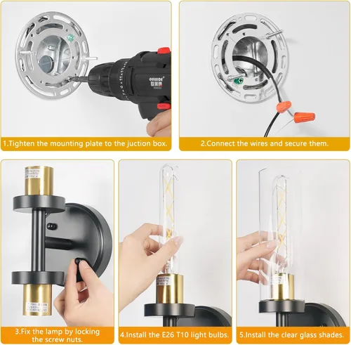 Miniatura 7 de Baocuz Lámparas de baño de 2 luces sobre espejo, luces de tocador negras y doradas para baño, apliques modernos con vidrio transparente para baño