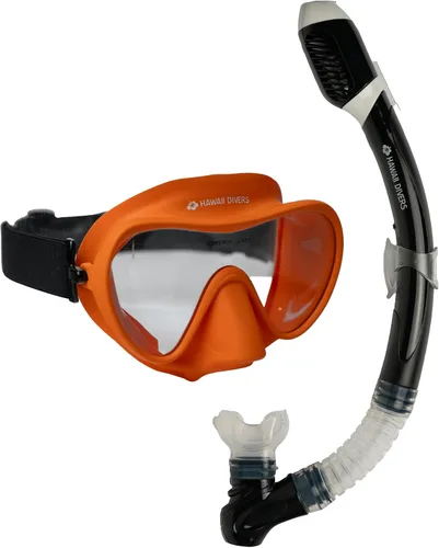 Hawaii Divers Deep Sea Adult Snorkel Combo - Tempered Glass Snorkel Mask with Silicon Skirt, Dry-Top Snorkel Gear for Adults, Single Anti Fog Lens,