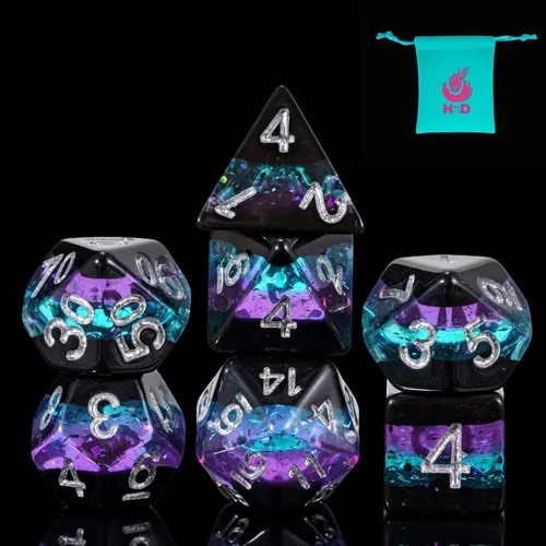Miniatura 15 de Juego de dados de resina para DND, juego de 7 dados poliédricos negros D&D rellenos con papel de colores brillantes para juegos de rol