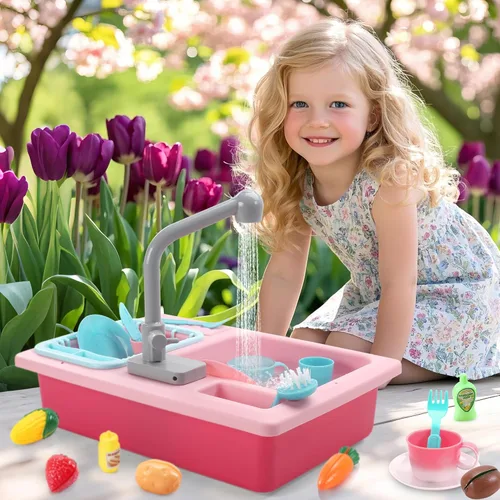 Miniatura 5 de CUTE STONE - Juguetes de fregadero de cocina con cambio de color, lavavajillas eléctrico para niños con agua corriente, grifo real actualizado