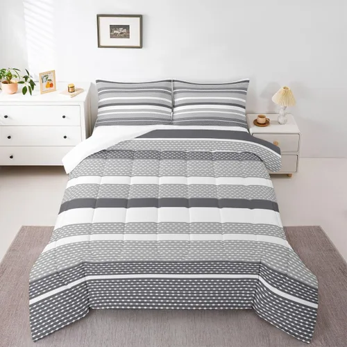 Miniatura 30 de jejeloiu Juego de edredón geométrico para niños, tamaño individual, diseño de rayas de color negro, blanco y gris, juego de ropa de cama decorativo