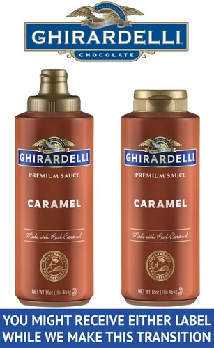 Miniatura 2 de Ghirardelli Salsa de caramelo, botella exprimible de 16 onzas (paquete de 2) con cuchara de barista estampada Ghirardelli