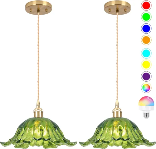 Miniatura 32 de Luces Colgantes para Isla de Cocina, Luz Colgante de Cristal Verde Accesorios de Iluminación Vintage, 9.4 pulgadas E26 Acabado Lámpara Colgante