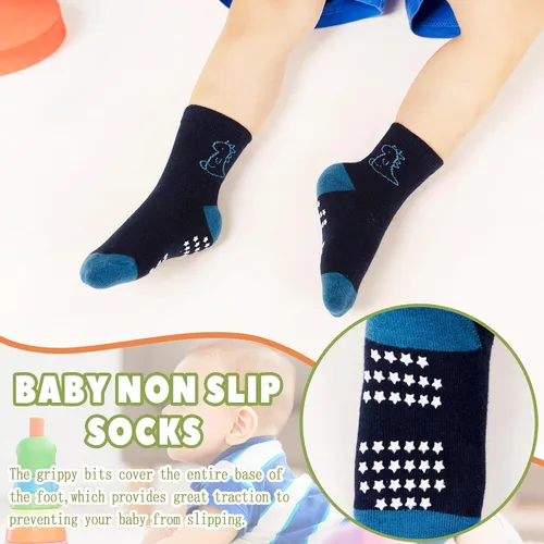 Miniatura 3 de Calcetines con Agarre Antideslizante para Niños Pequeños Calcetines de Tripulación de Algodón Anti Resbalón para Bebés Niños y Niñas 12 Pares