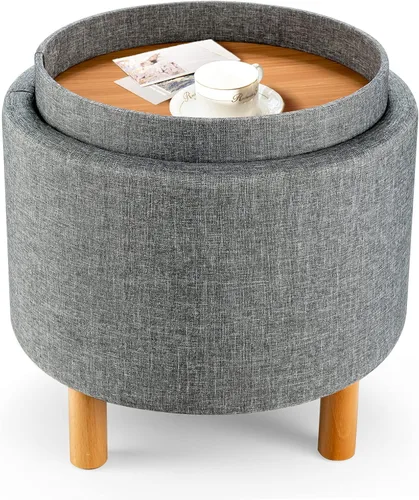 Miniatura 11 de Giantex Otomana redonda de almacenamiento con tapa de bandeja, reposapiés de almacenamiento con relleno suave, taburete de tela con patas de madera