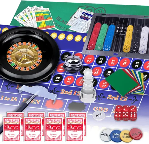 Set de Juego de Casino Premium 5 en 1: Kit de Juego de BlackJack/Ruleta/Dados/Texas Holdem/Póker con 360 Fichas+8 Mazos de Cartas+Rueda de Ruleta+2