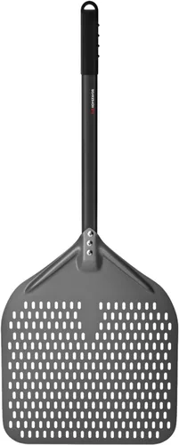G.a HOMEFAVOR Cáscara de pizza perforada de 14 x 17 pulgadas, 35 pulgadas en total, rectangular de aluminio para torneado de pizza con mango de