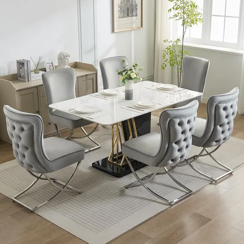 Miniatura 7 de WUTUTUEE Sillas de comedor de terciopelo de lujo, sillas de comedor tapizadas sin brazos con patas en X de metal plateado, juego de 2 sillas de Gris