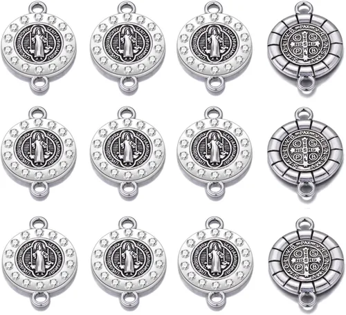 20 piezas de diamantes de imitación de plata antigua para uso religioso de San Benito Medallón de Pulsera Conector de Cuentas Redondas de Enlace de