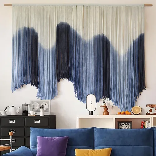 Miniatura 3 de IOWER Colgante de Pared de Macramé Grande Azul Teñido por Inmersión Arte de Fibra Tapiz, Decoración de Pared Boho Hecha a Mano para Sala de Estar